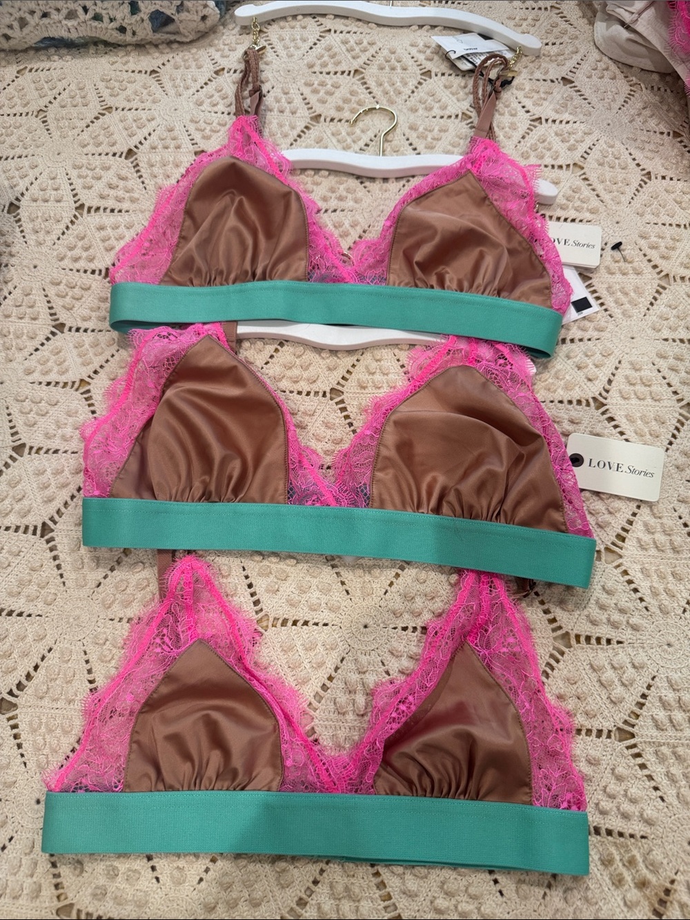 Brown Satin Triangle Bralette with Pink Lace & Teal Band